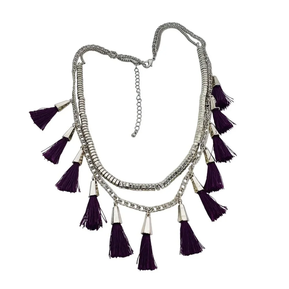 Double Strand Gold Tone Curb Chain Statement Necklace With Purple Tassels (5452) - Picture 7 of 8